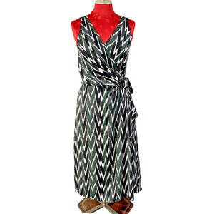 Ann Taylor Sleeveless Green Black Faux Wrap Dress Lined Size 6 Geometric Print